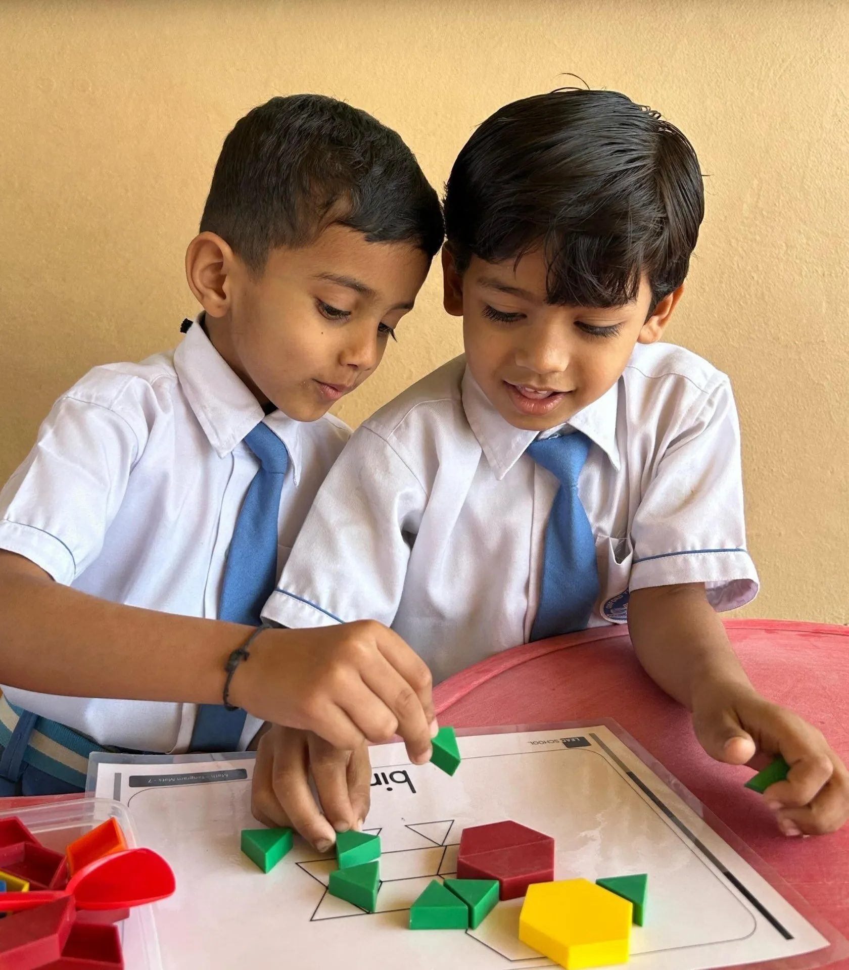 Two young boys concentrating on a shape-sorting puzzle